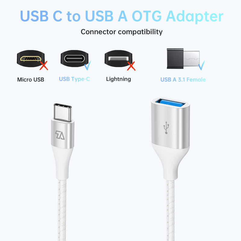 Teleadapt Type C to USB Adapter, 10Gbps USB C to USB A Adapter for Galaxy S20/S10/S9, USB C to USB OTG Cable, USB C Male to USB 3.1 Female OTG Adapter Compatible for New MacBook Pro, iPad Air 2020 White Silver