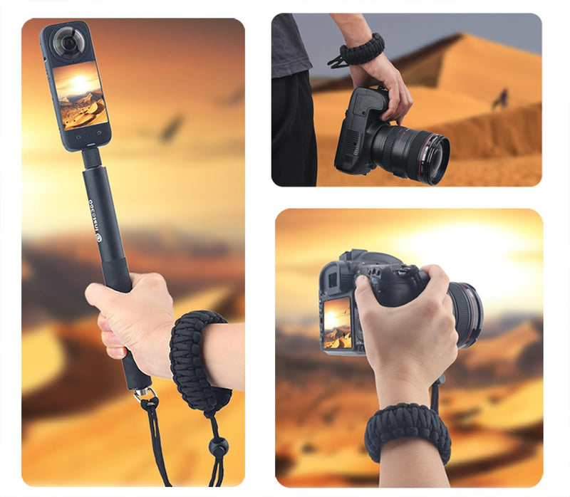 Paracord Camera Wrist Strap Lanyard with Screw for Insta 360 X3, Ace Pro, DSLR Cameras, Selfie Sticks Black