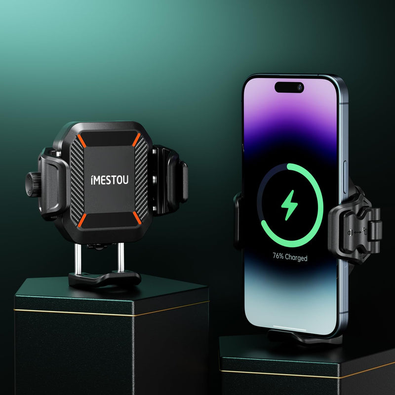 [AUSTRALIA] - iMESTOU Motorcycle Phone Mount with Wireless Charger 15W & USB-C Port 36W, Shock Absorption 1" Ball Mount Fits for 5.4"-7.2" Phones Up to 15mm Thick, Works with 12-24V Vehicles (without mounting base) 