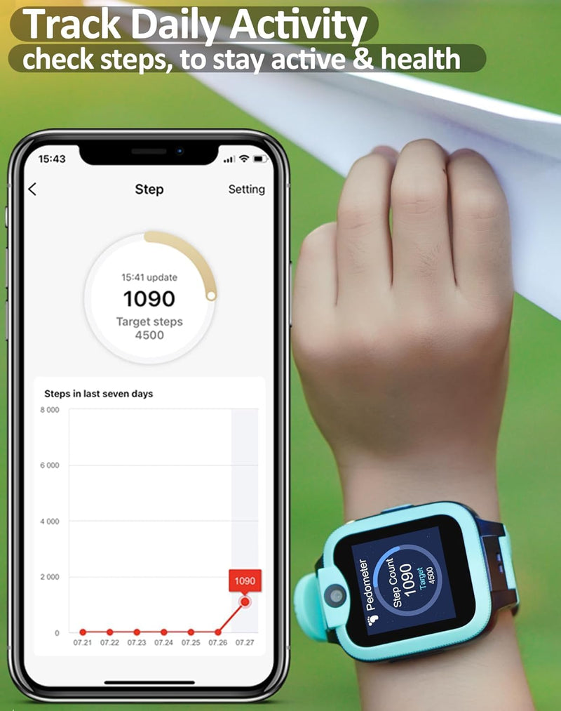 Easyfone KW2 4G Kids Smart Watch Phone with GPS Tracker, Calls, Green | Smartwatch for Kids with Safe Calling, Chats, Activity, Parental Controls, SOS Button, Class Mode