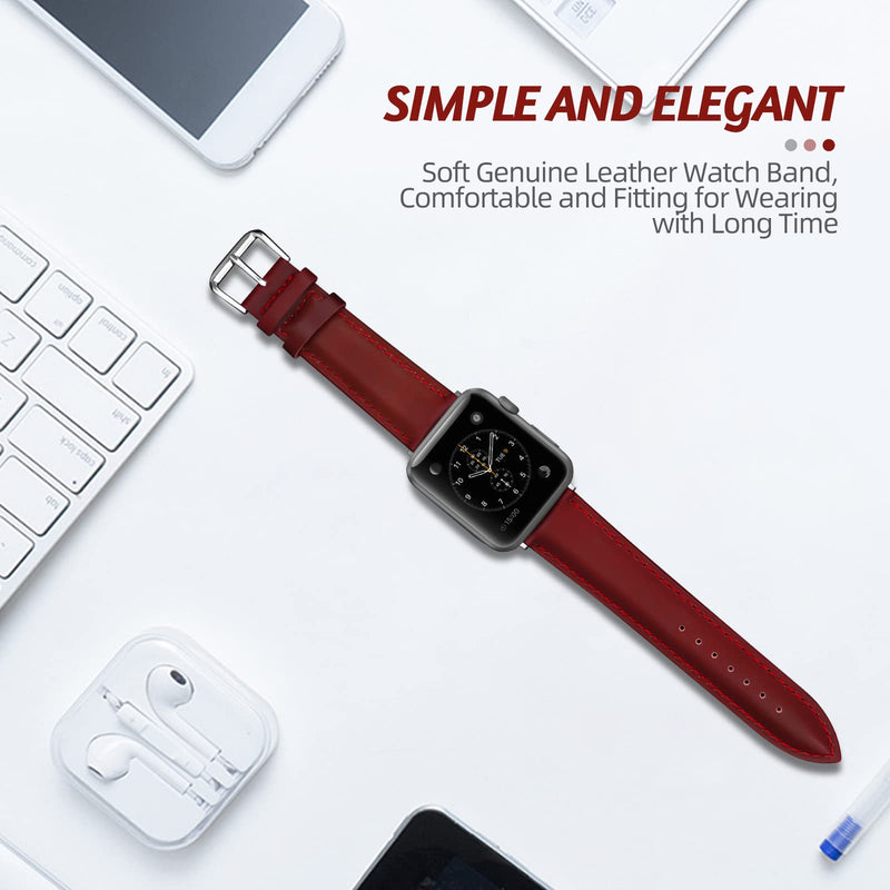Compatible with Apple Watch Bands 49mm 45mm 44mm 42mm 41mm 40mm 38mm, Genuine Leather Accessories Replacement Wristband for iWatch Ultra2, Ultra, SE3 SE2 SE Series 9 8 7 6 5 4 3 2 1 Deepred 49/45/44/42mm