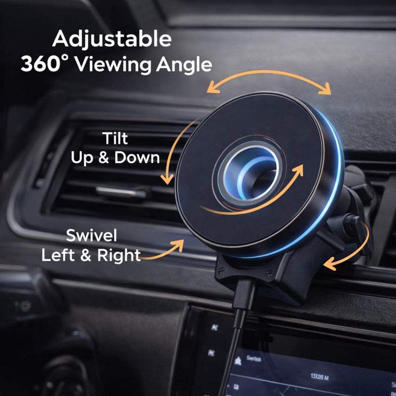 MagLock Plus Magnetic Wireless Car Mount Charger 15W, Phone Holder for Your Car with Fast Charging, 360° Rotation, Vent & Dashboard Mount, USB-C, Compatible with iPhone 11–17 Series