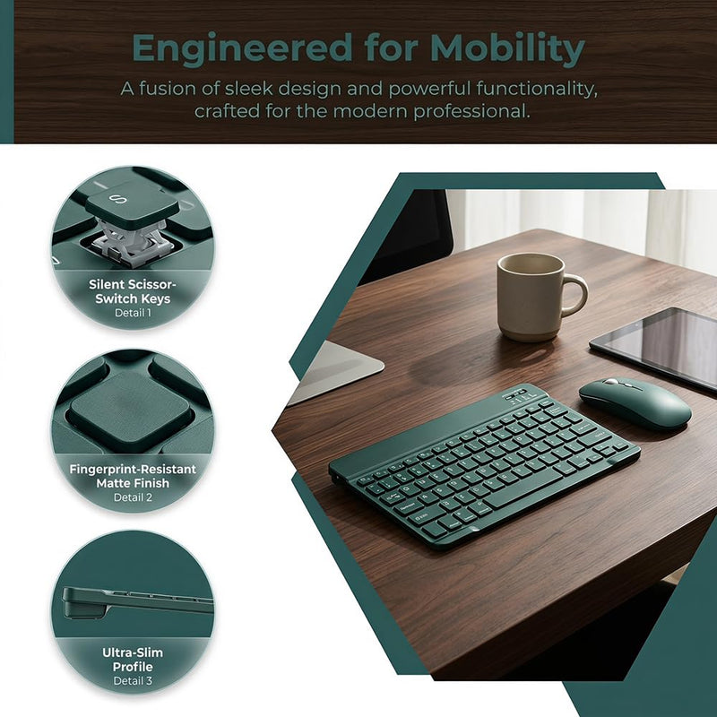 10 Inch Wireless Keyboard and Mouse Combo, Slim Portable Quiet Set for Tablet, Phone, Laptop, Home Office Use(Green) Green