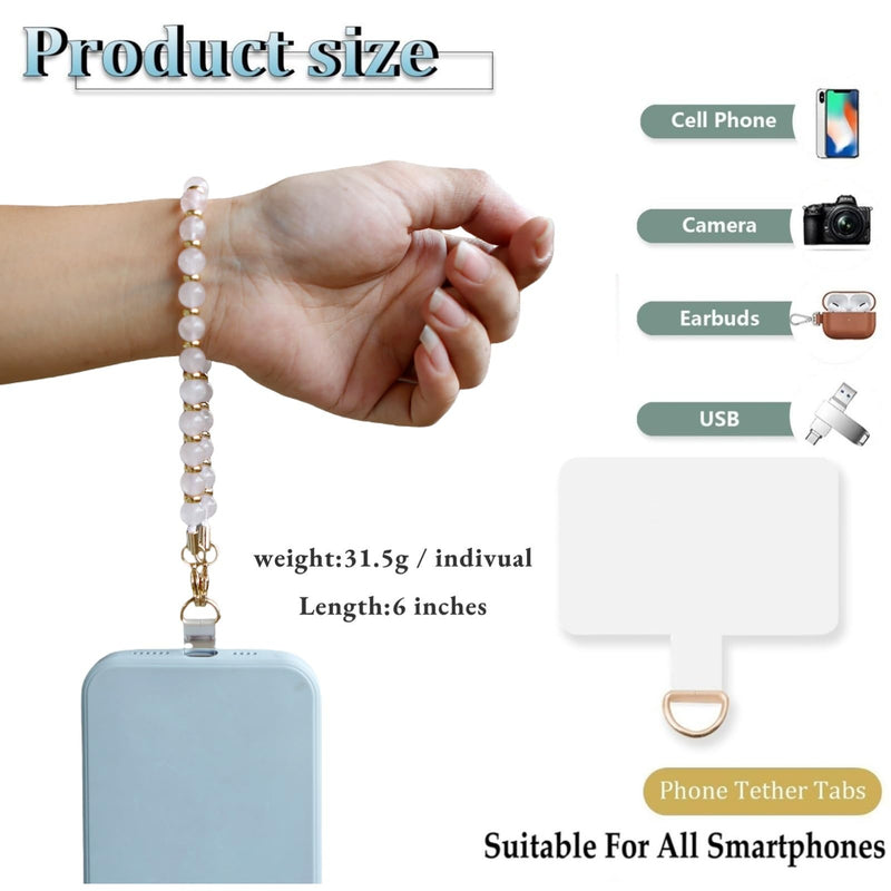 Marble Beaded Phone Wrist Strap,Detachable Cellphone Lanyard with Tether Tab,Hands-Free Wristlet Bracelet,Adjustable Phone Charm Grip for Women (Rose Quartz) Rose Quartz