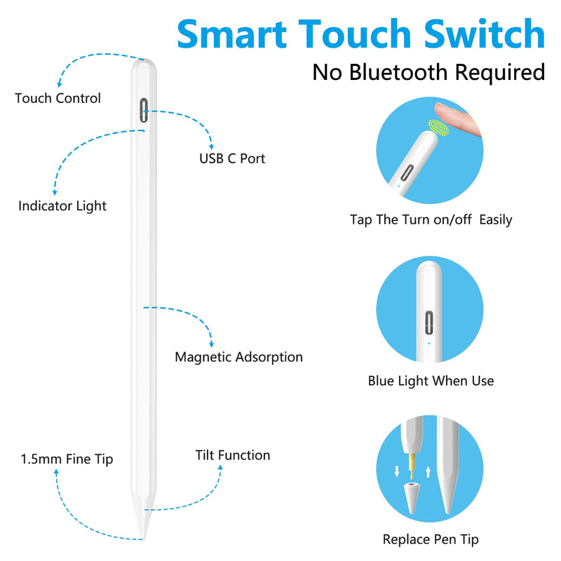 Stylus Pen for iPad with Palm Rejection and Tilt Sensitive, Stylus Pencil Compatible with (2018-2022) iPad Pro 11/12.9 inch, iPad 9th/8th/7th/6th Gen, iPad Air 5th/4th/3rd Gen, iPad Mini 6th/5th Gen