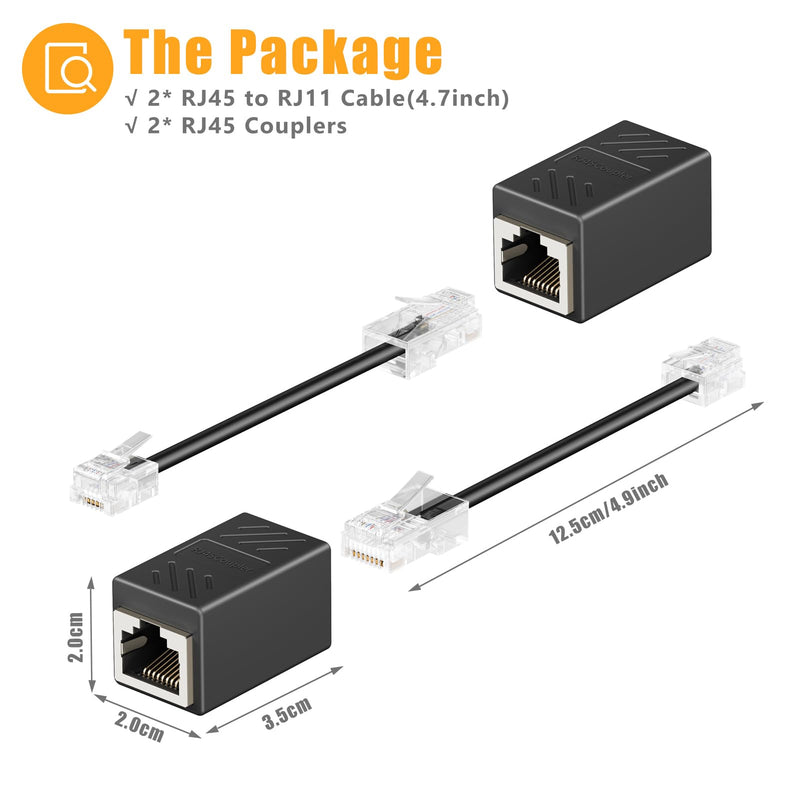 Uvital Phone Jack to Ethernet Adapter, RJ11 to RJ45 Adapter, RJ45 Female to RJ11 Male for Landline Telephone, with RJ45 to RJ11 Cable (Black,2 Pack) 2 pcs RJ45 Coupler+2 pcs RJ45 to RJ11 Cable-Black