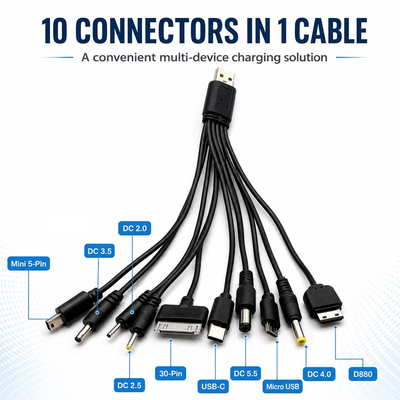 10-in-1 USB Charging Cable Adapter, Multi-Device Universal Charger with 10 Ports, Compatible with Phones, Tablets, Speakers, MP3/MP4 Players
