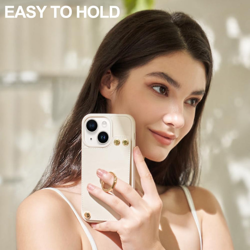 [AUSTRALIA] - LAMEEKU Wallet Case Compatible with iPhone 13, Case with Card Holder, RFID Blocking Leather Cover 360°Rotation Ring Kickstand Protective Bumper Designed for Apple iPhone 13 6.1'' (2021) Beige 