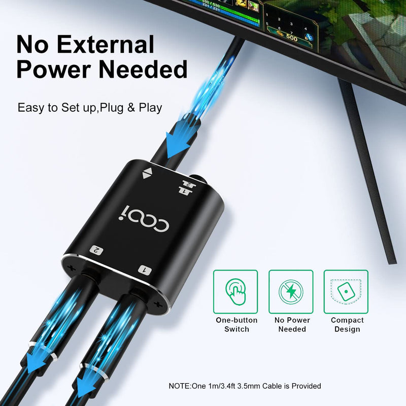 3.5mm Stereo Audio Switcher（1 in 2 Out /2 in 1 Out） with 3.5mm Audio Cable, 2 Ports AUX Audio Speaker Selector for PC Phone Laptop Headphone