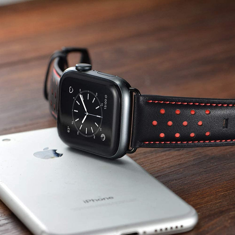 Bundle Leather Band Compatible with Apple 44mm 42mm Mens Vintage Black Leather Strap Red Dot XL Dressy Bands with Black Buckle Adapters for iWatch 6 5 4 3 2 1 SE, 44 42mm Band