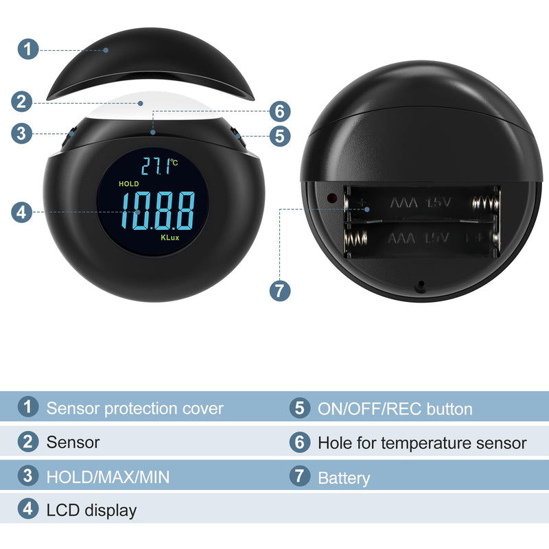 [AUSTRALIA] - Light Meter Digital Illuminance Meter Handheld Ambient Measurer with 360° Detector, Measurer with Range up to 200,000 lux with LCD Display, Light Meter for Factories, Warehouses, Offices balck 