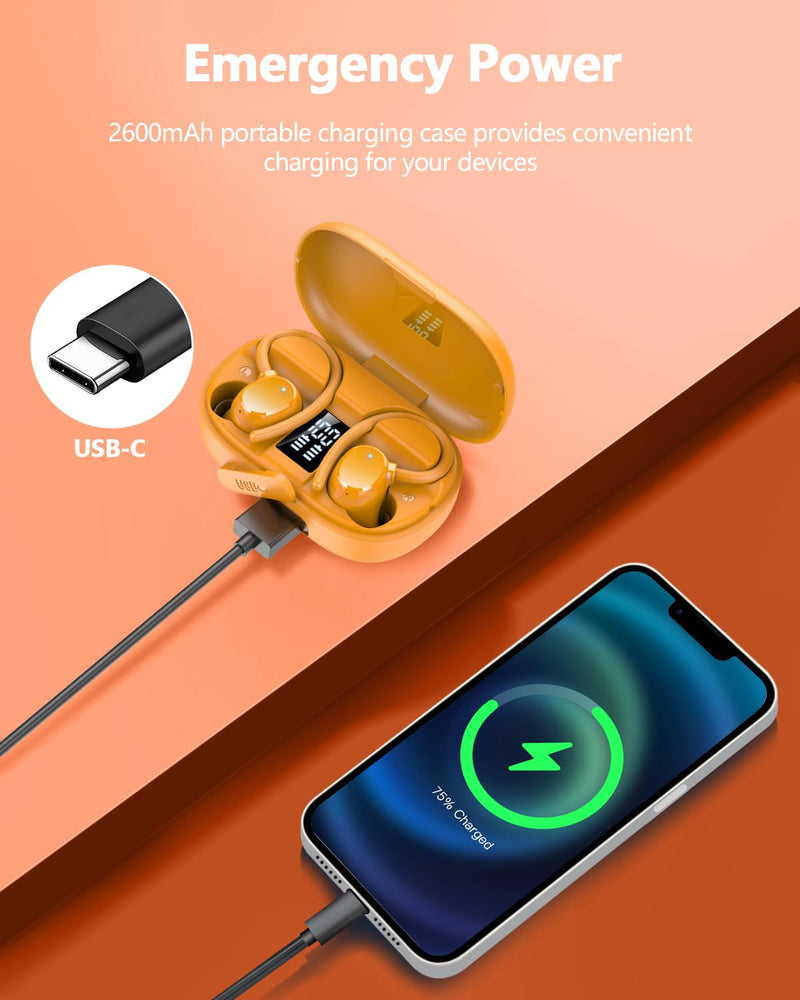 Ear buds Wireless Bluetooth Earbuds Sport 2026 NEW Bluetooth 5.3 Headphones with LED Display 128H Playtime Powerful Bass Over Ear Earphones with Earhooks IP7 Waterproof for Gym/Running/Workout Orange