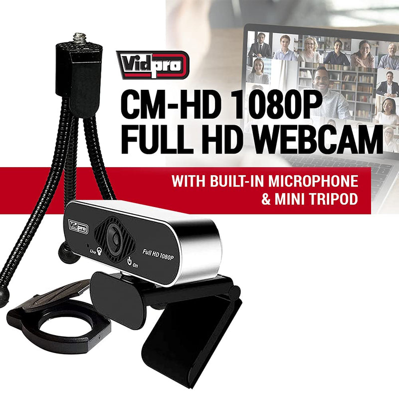Vidpro CM-HD 1080P Full HD Webcam with Built-in Microphone and Mini Tripod - Plug and Play 85-Degree FOV USB Webcam with Noise Canceling Filter Perfect for Video Calls Meetings Live Streaming Gaming