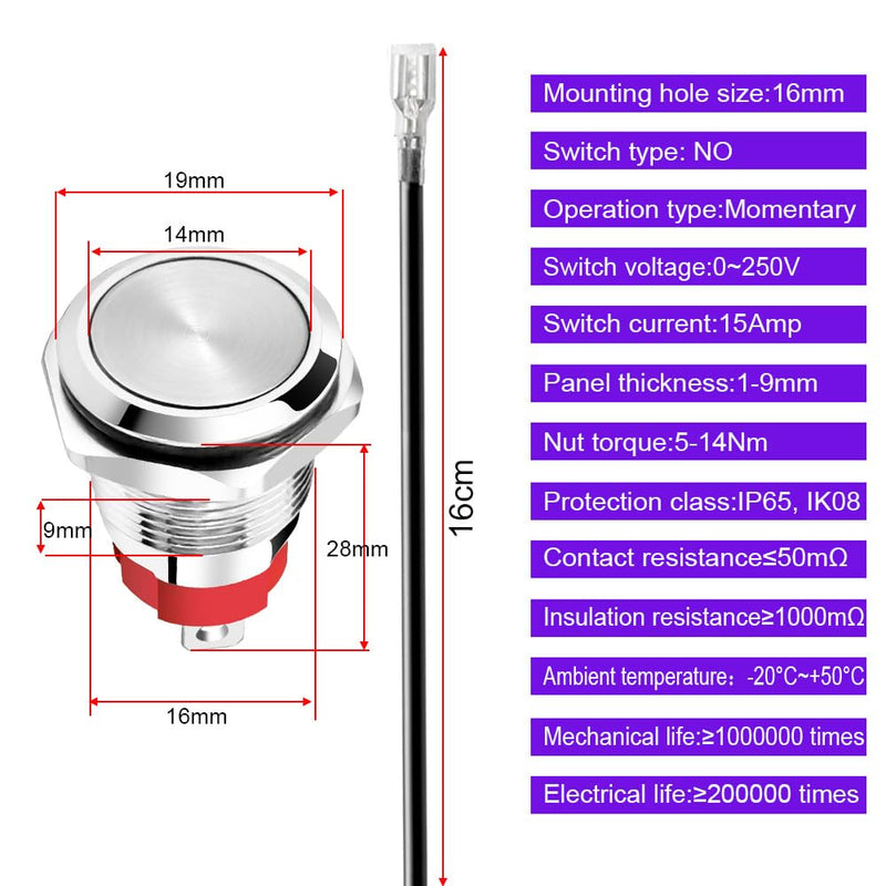 Gebildet Pack of 2 Waterproof Momentary Push Button 0~250V (5V/12V/24V/110V/220V)/15A 16mm Stainless Steel Push Button Switch Waterproof with Connection Cable 15 A-16 mm momentum