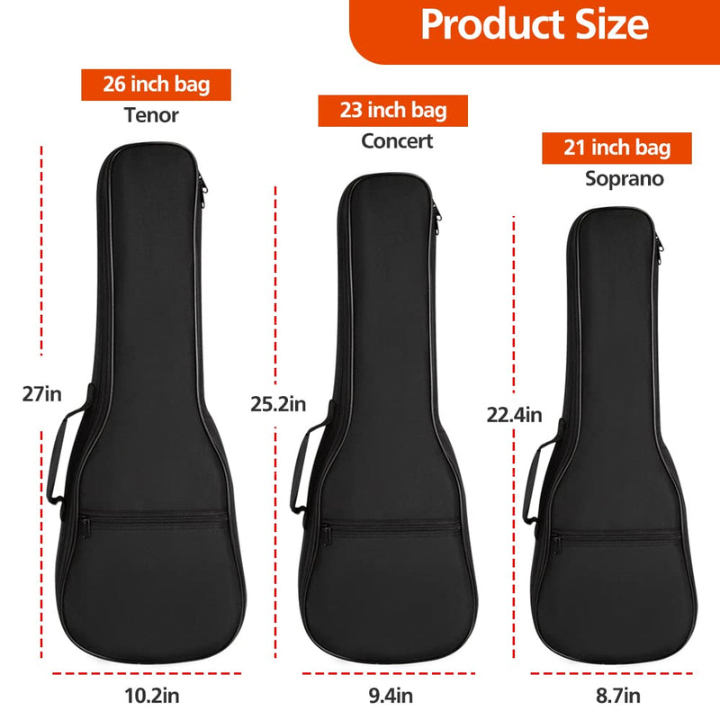 Ukulele Case, Black Ukulele Bag for 21 23 26 Inch Ukulele, Waterproof Durable Ukulele Padded Bag with Adjustable Straps for Concert, Soprano, Tenor (23in) 23in