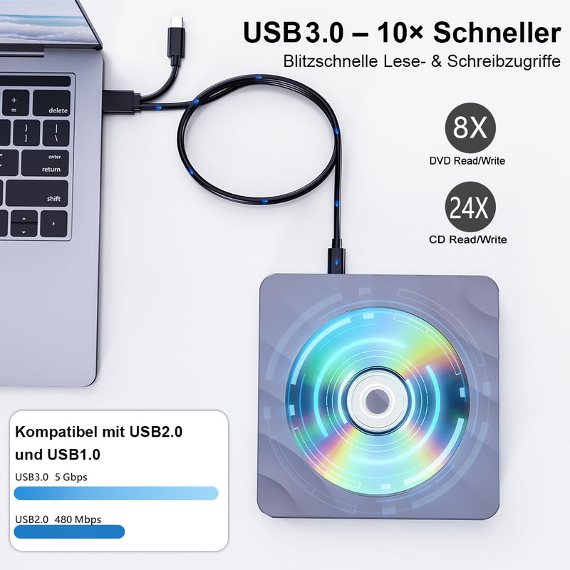 External CD/DVD Drive for Laptop - CD Burner DVD Player for Laptop USB 3.0 +/-RW ROM, External Optical Drives for PC/Mac, Disc Reader for Windows 11/10/8/7/XP/Vista Linux MacOS
