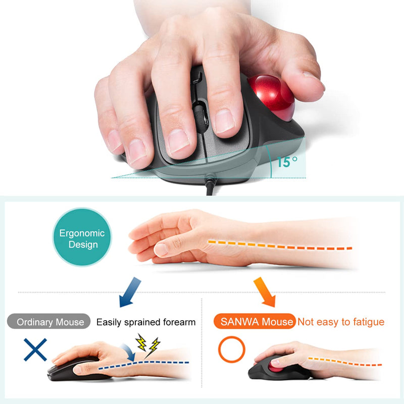 SANWA Wired Ergonomic Trackball Mouse, Optical Vertical Rollerball Mice, Silent Buttons, 34mm Trackball, 600/800/1200/1600 Adjustable DPI, Compatible with MacBook, Laptop, Computer, Windows, macOS