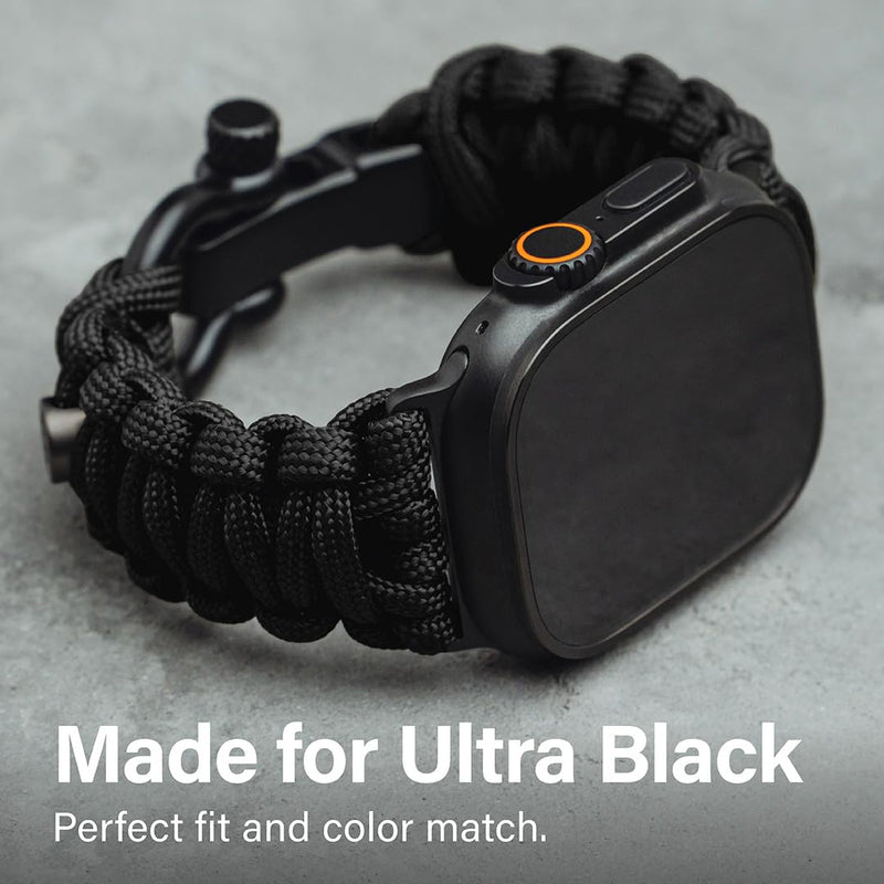 KORDIZ Survivor - Nylon Paracord Apple Watch Band Compatible with Apple Watch ULTRA 3, ULTRA 2 / 1 [49mm] & Series 11, 10, 9, 8, 7-1, SE3, SE2, SE [46mm 45mm 44mm 42mm] - with Stainless Steel Adjustable Shackle Black - Ultra 49mm Black Medium