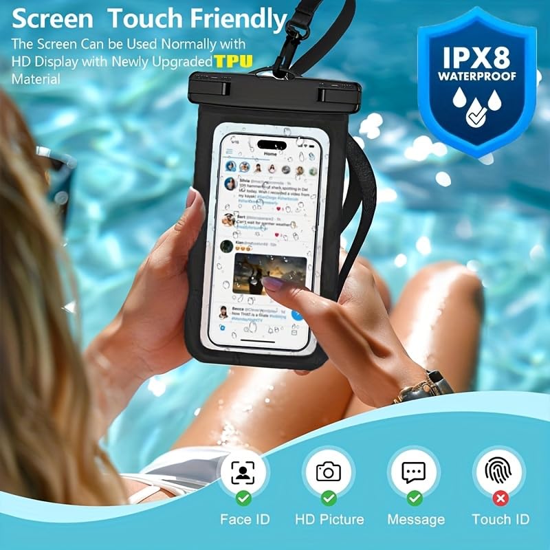 2 Pcs Waterproof Phone Case with TPU Touch Screen Compatible with 16 15 14 13 Pro Max Plus 7.2 Inch for Beach Swimming Diving Snorkeling (Black) Black