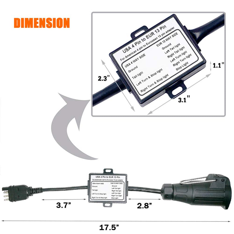 [AUSTRALIA] - US Vehicle 4-Way Flat Adapter to European 13-Pin Round Plug Trailer Light Converter - Plug and Play Design 4 PIN TO 13 PIN 