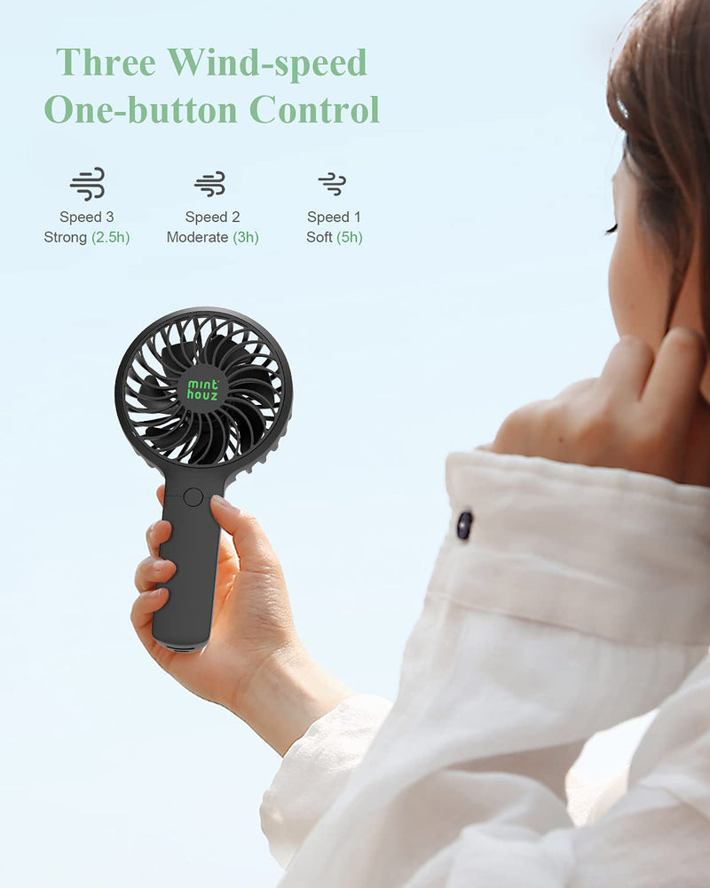 Minthouz Handheld Fan, 90° Automatic Head Shaking Personal Fan with Rotating Base, 3 Speed Adjustable Portable Fan Rechargeable Desk Fan with 2000mAh Built-in Battery, Mini Fan for Office/Home/Outdoor Black