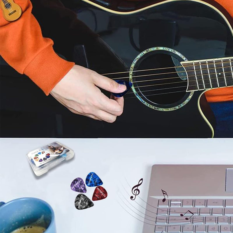 12 Pack Guitar Picks Plectrums with Organizer Storage Box, 0.58 0.84 1.2 mm Includes Thin Medium Heavy Thickness & Variety Colorful Celluloid Plectrums for Bass Electric Acoustic Guitars Ukulele