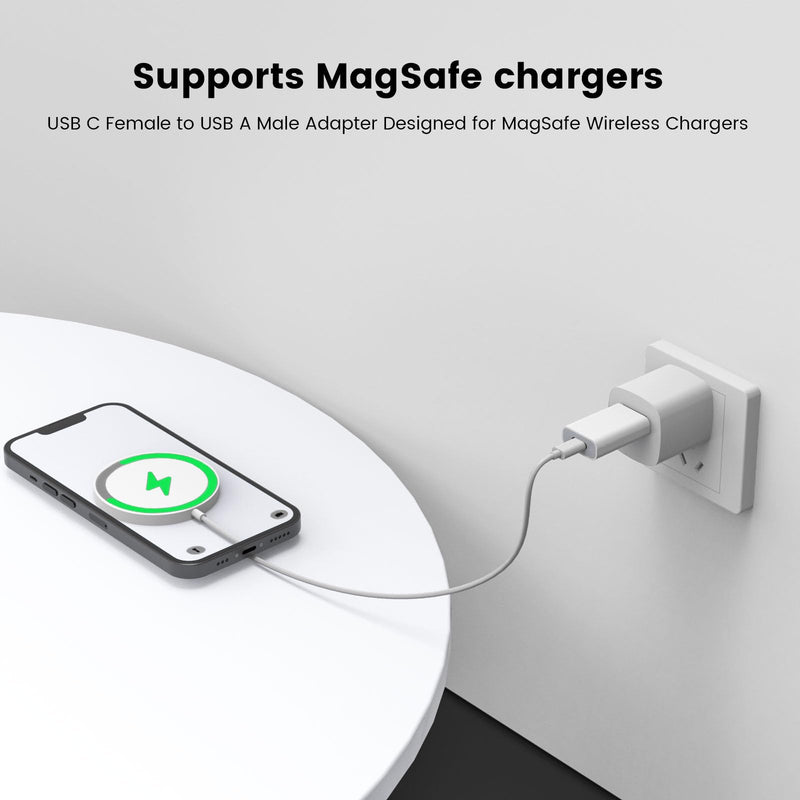 MOSWAG USB to USB C Adapter, USB C Female to USB Male Adapter Compatible with Apple MagSafe Watch 9/8/7/SE/Ultra, for iPhone 15 14 13 12 Mini Pro Max,iPad,Galaxy Note,Pixel,CarPlay,Wall Plug 2 pack White