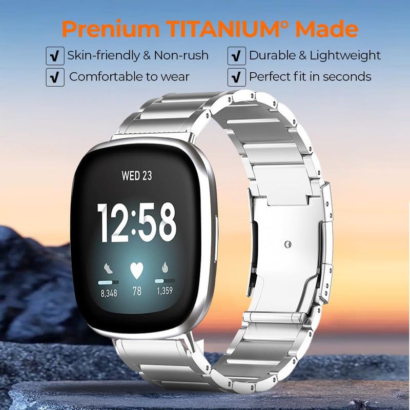 Titanium Metal Band Strap for Fitbit Versa 4 3 &Sense 2 1 Accessory | 40% Lighter than Steel,Hypoallergenic,Corrosion Resistant,Durable,Fits wrist 5.9"-8.6",Length Adjustable,Secure Clasp,for Men Sliver 20mm