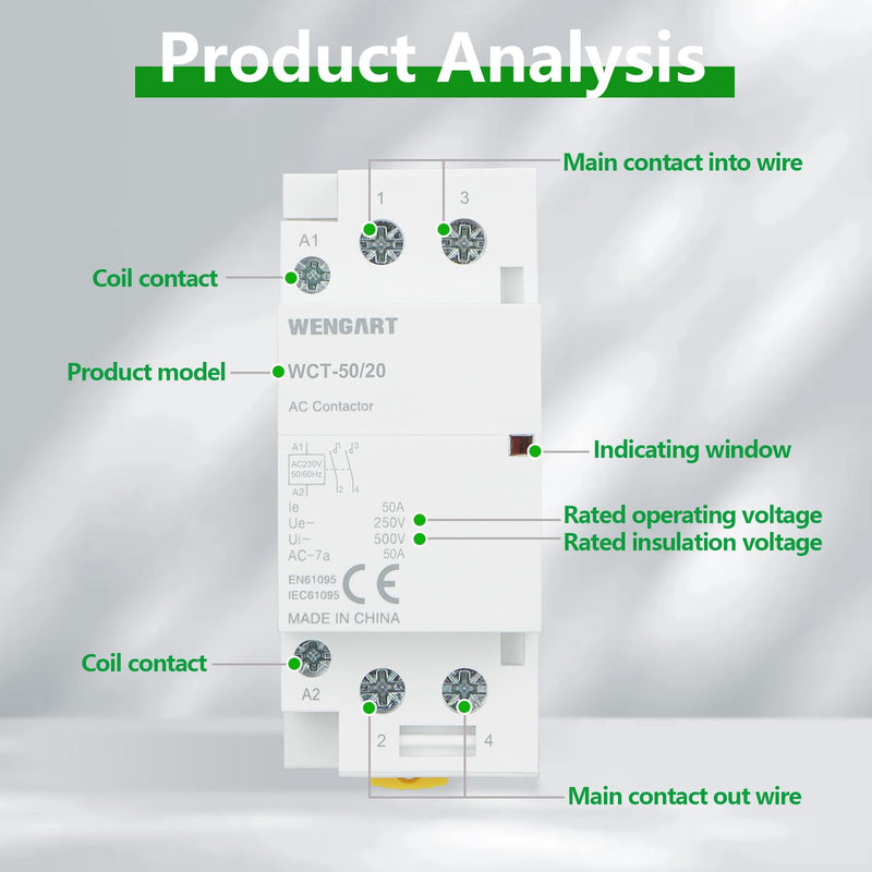 Wengart Compact AC Contactor WCT-50, White, AC230V, 50A, Built for Durability, Whisper Quiet Operation, Energy Saving, with Additional Functions for Household Appliances (2NO) 2NO