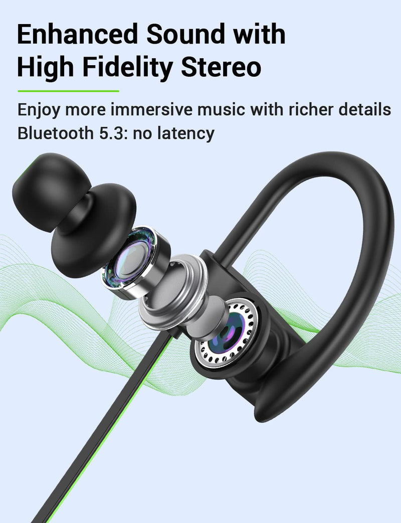 Stiive Bluetooth Headphones, 5.3 Wireless Sports Earbuds IPX7 Waterproof with Mic, Stereo Sweatproof in-Ear Earphones, Noise Cancelling Headsets for Gym Running Workout, 16 Hours Playtime - GreenBlack A,GreenBlack