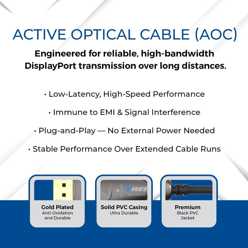 OREI 8K DisplayPort 2.0 AOC Cable 30ft – 54Gbps, 8K@120Hz, 4K@240Hz, VRR | DisplayPort over Fiber with Active Optical technology, EMI-free signal, HDR10+, Dolby Vision & gold-plated connectors