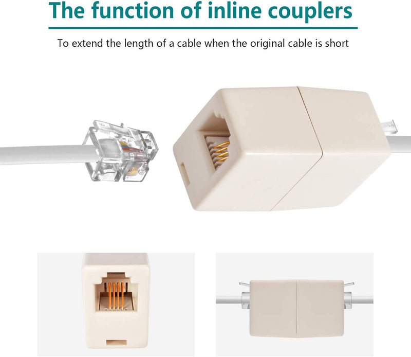 Phone Extension Cord 50 Ft, Telephone Cable with 1 in-Line Couplers and 20 Cable Clip Holders and Standard RJ11 Plug, White