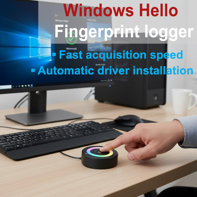USB Fingerprint Reader Fingerprint for Windows10/11, Tap and Go with 360° Touch with 5ft Extension Cable-Windows Password Free Operation Windows Hello Automatic Driver Installation