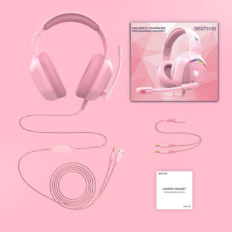 [AUSTRALIA] - Gaming Headset with Microphone for Pc, Xbox One Series X/s, Ps4, Ps5, Switch, Stereo Wired Noise Cancelling Over-Ear Headphones with Mic, RGB, for Computer, Laptop, Mac, Nintendo (Pink) Pink 