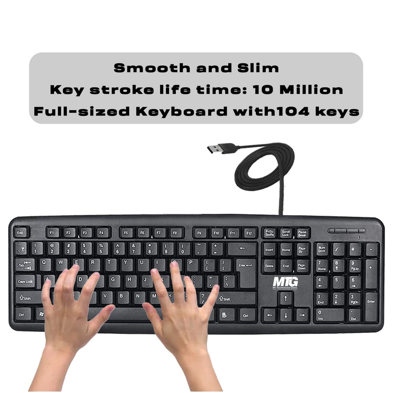 MTG Full Size Wired Computer Keyboard, with 5ft USB-A Cable, 104-keys, Foldable Legs and noiseless Key, Compatible with PC, Laptop and Windows 7/8/10/11
