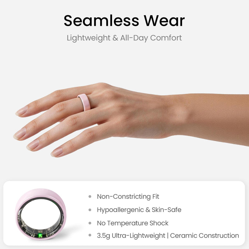 2026 Ceramic Smart Ring for Women&Couples, MounTova-T3-Ring, 24/7 Track Heart Rate, Sleep, SpO2, Stress, Cycles, IP68 Waterproof, No Subscription, iOS&Android (Pink,Size 7) Pink 7"