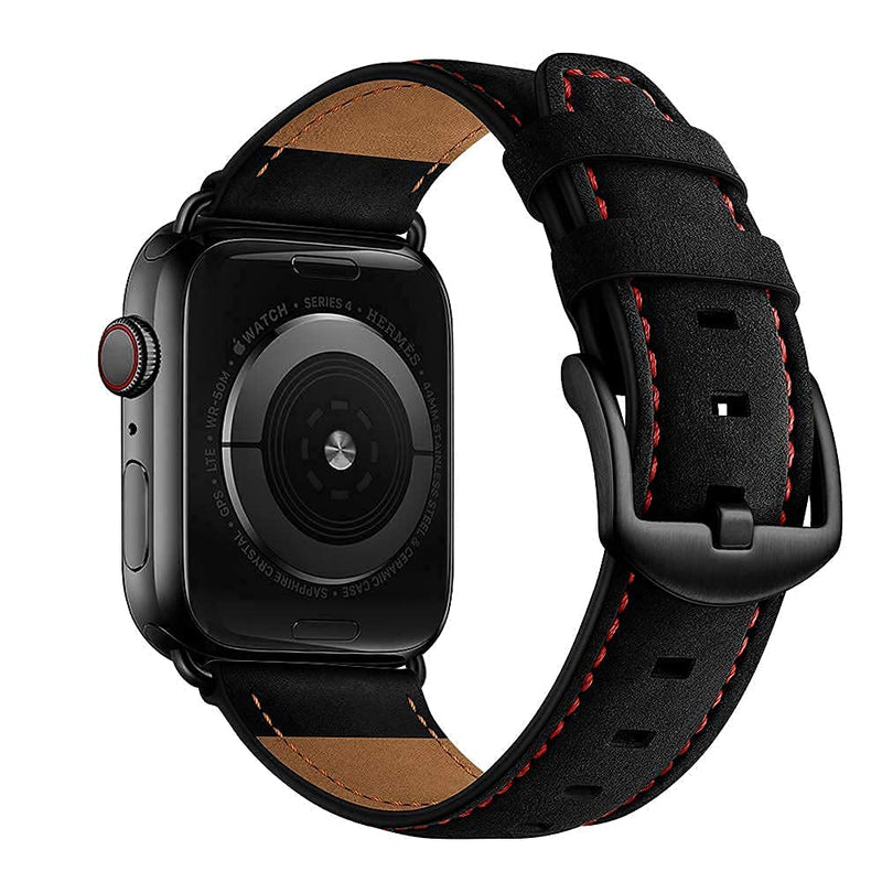 Leather Band Compatible with Apple Watch 44mm 42mm Mens Women Vintage Leather Strap XL Dressy Black Buckle Bands with Black Adapters for iWatch Series 6 5 4 3 2 1 SE, 2 PACK