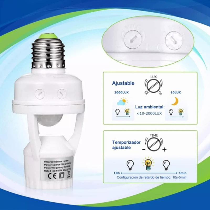 E27 LED Lamp, Light Bulbs with Motion Sensor, Adjustable Automatic On/Off Light Control Sensor, E27 Socket Screw for Garage, Basement, Stairs and Storage Room