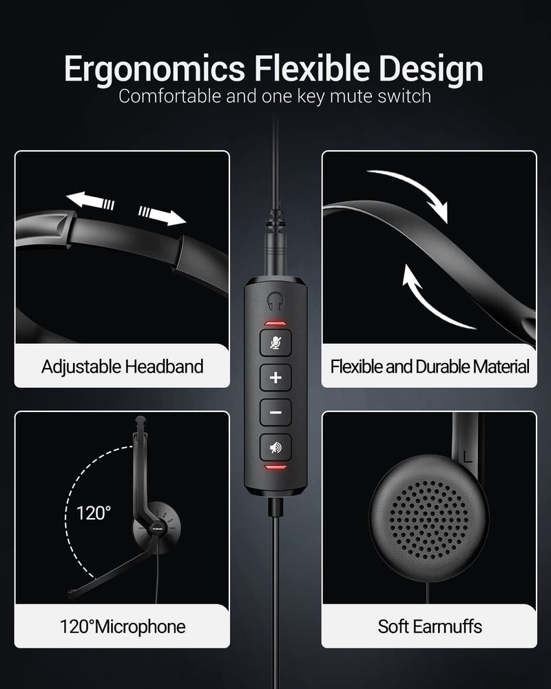 [AUSTRALIA] - FEABASK USB Headset with Microphone for PC Laptop - Wired Computer Headphones with Noise Cancelling Microphone for Home Office Online Class Skype Zoom Meetings,in Line Mute Controls USB+3.5mm Black 
