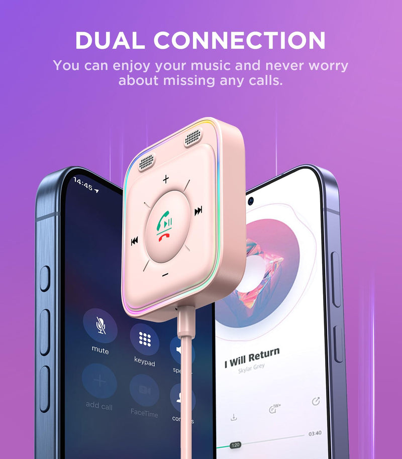 JOYROOM Bluetooth 5.4 Car Adapter with Dual Mics and Noise Cancellation, AUX Bluetooth Car Kit with Plug-and-Play and Noise Filter for Hands-Free Calls and Stereo Audio, Pink