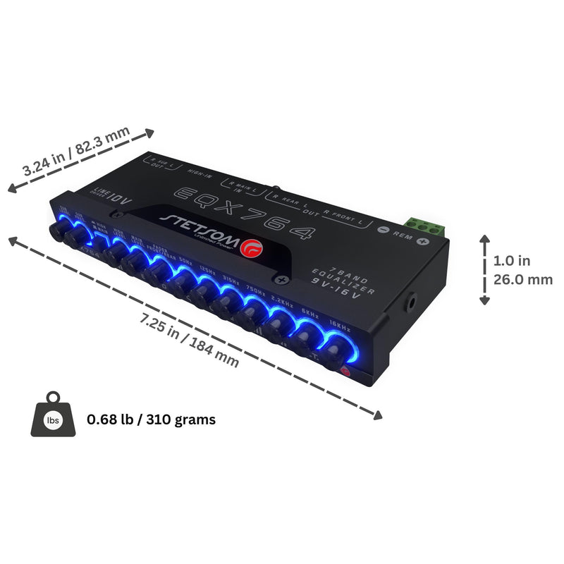 Stetsom EQX764-7 Band Equalizer, Pre-Amp Car Audio Graphic Equalizer with 4 Inputs (RCA & High) 6 Outputs, 10v Line Driver to Avoid Noise and Dedicated Sub Controls (Level & Frequency)