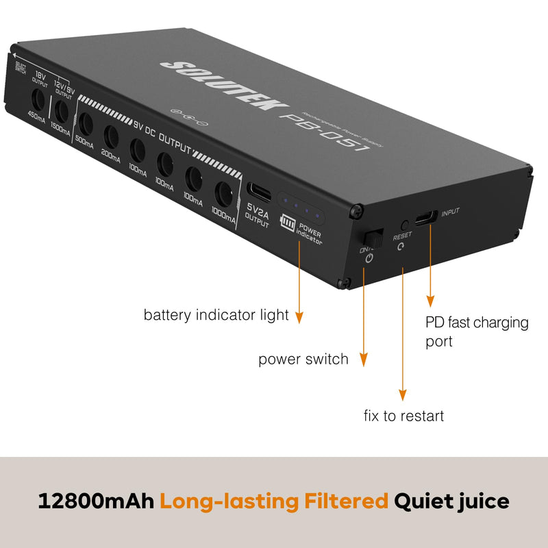 [AUSTRALIA] - Rechargeable Guitar Pedal Power Supply | 12800 High-Current 2000mA 9V 12V 18V 5V for Pedal Board and More Devices | Compact Convenient Quiet Powerful Model PB-051 