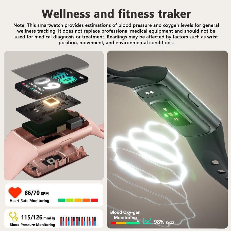 FITVII FINO 2 Slim Fitness Tracker, Smart Watch with Blood Oxygen, Sleep Monitor, 24/7 Heart Rate & Blood Pressure, IP68 Waterproof Health Activity Trackers with Calories Step Counter for Women Men Black