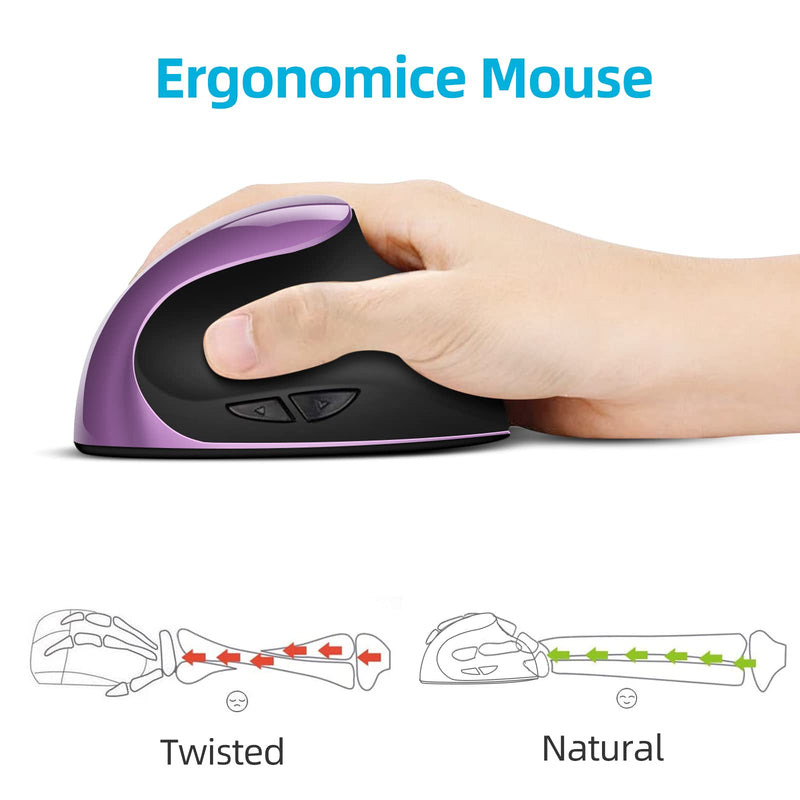 Ergonomic Mouse Wireless,Rechargeable Vertical Mouse with 6 Buttons 3 Adjustable 800/1200/1600 DPI for Laptop, Desktop, PC, MacBook (Purple) Purple