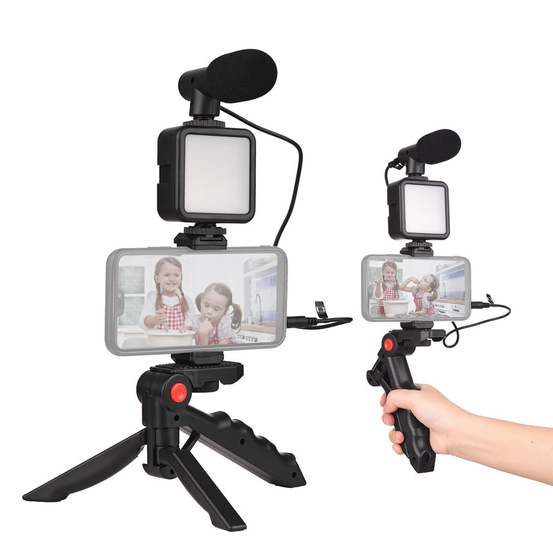 Mini Smartphone Vlog Kit with LED Video Light, Cardioid Microphone, Extendable Phone Clip, Adjustable Brightness Tripod for Live Streaming, Vlogging, Video Conferencing & Selfies