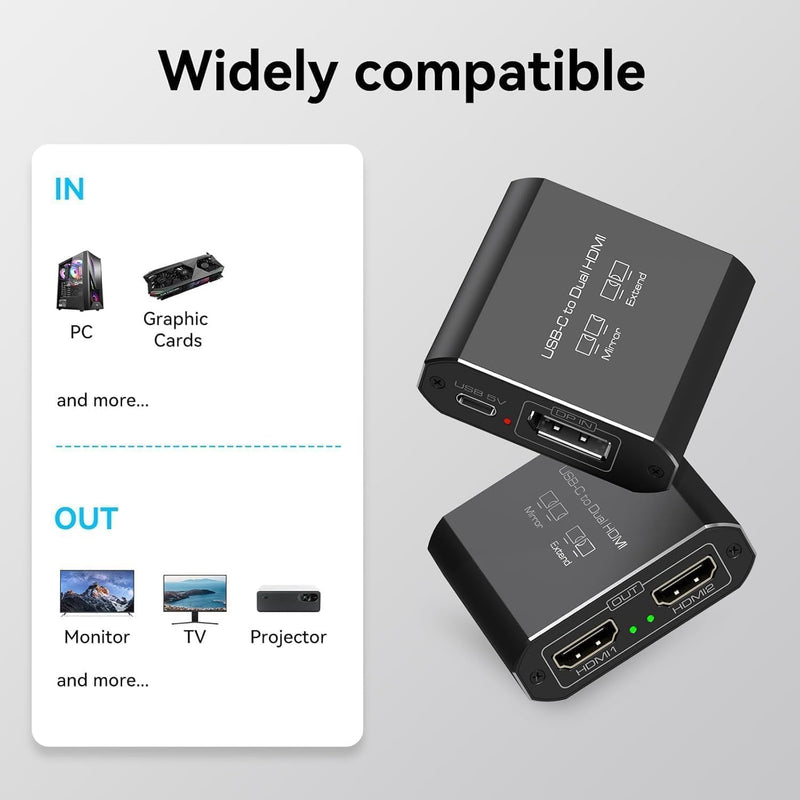 Displayport to Dual HDMI Splitter Extended for Double Screen 4K@60Hz Display Port to 2 HDMI Adapter for Computer Graphics Cards Support MST & SST Mode Jet Black DP TO 2 HDMI