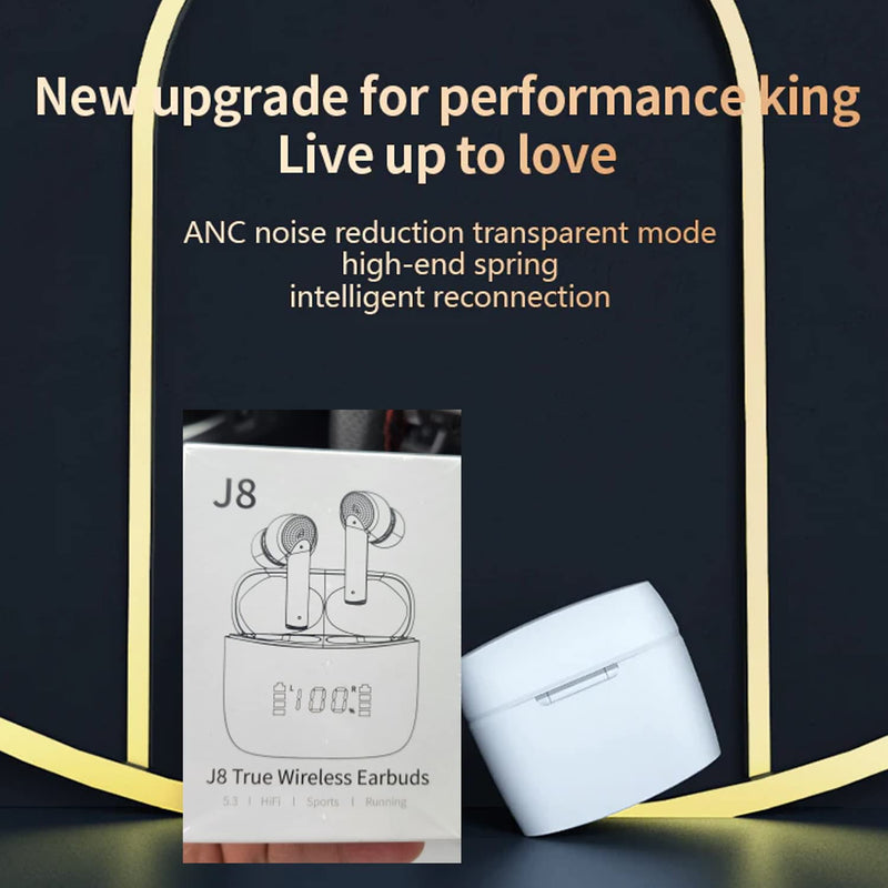 AD J8 Pro ANC+ENC Bluetooth Earbuds 5.3 TWS HiFi Stereo 13mm Wireless Active Noise Cancelling Headphones in Ear LED Display Long Playtime IP7 Waterproof Headset 4 Mics Earphone Touch Control (White) White