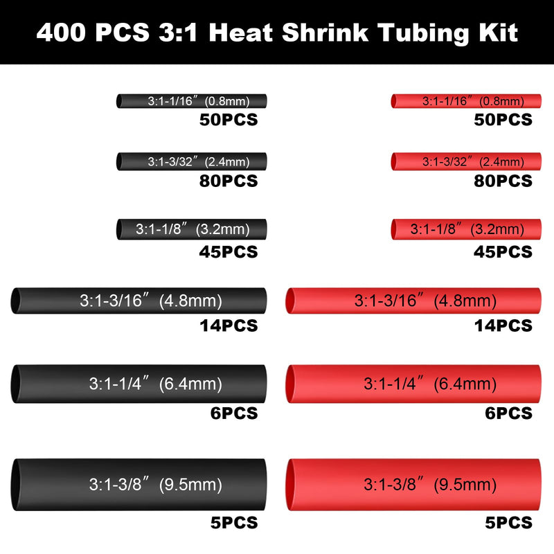 Amentalove 400 Piece 3:1 Heat Shrink Tube Set, Double-Walled Heat Shrink Tube, Waterproof, 6 Sizes Heat Shrink Tube, Heat Shrink Tube with Adhesive for Home, Automotive, Industrial (Black & Red)