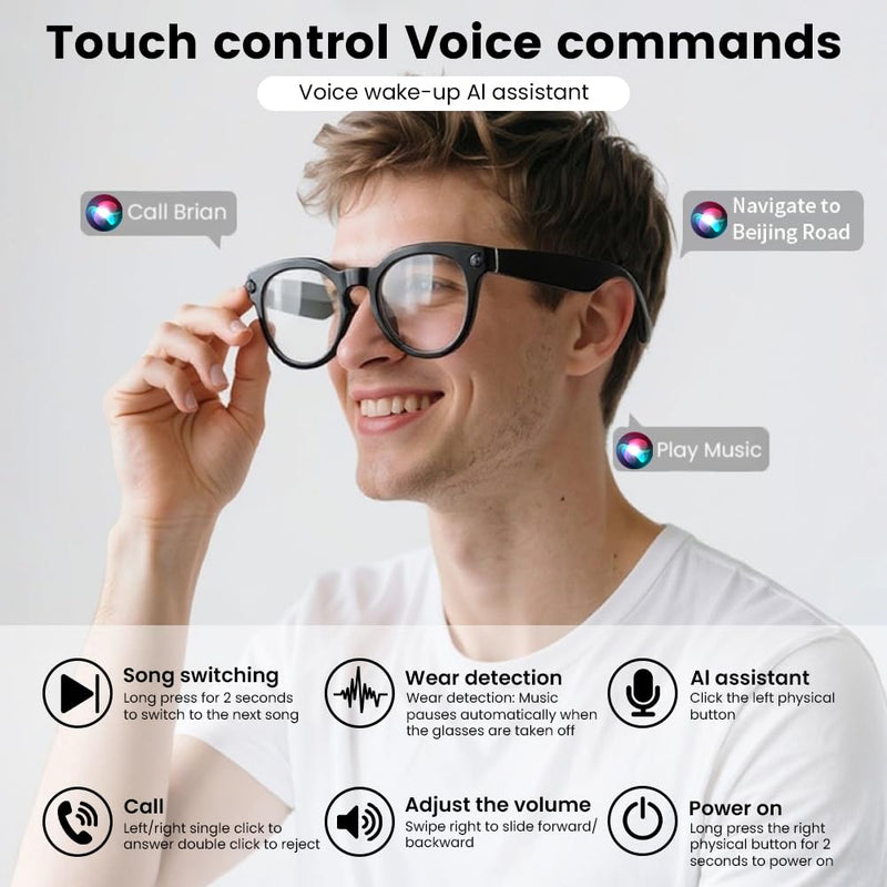 Al Smart Glasses,8MP Camera Glasses with Real-Time Translation &Object Analysis HD 1080P Video Recording,No WiFi Required for Travel, Sports, Outdoor Use (Anti-Blue Light Lens) Anti-Blue Light Lens