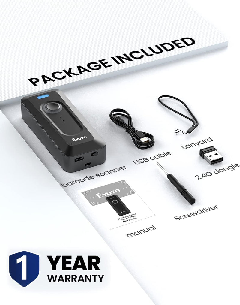 [AUSTRALIA] - Eyoyo Bluetooth 2D Barcode Scanner Wireless with Clip, 2000mAh Battery with Level Indicator, Portable Mini QR Bar Code Reader for Library Book Inventory Compatible with Android Phone, iPad, iPhone 
